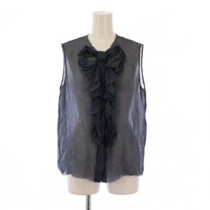 ブラウス フリル ノースリーブ シアー シルク 38 ネイビー