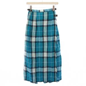 ラップスカート 巻き フレア ミモレ ロング チェック柄 ベルト 麻 リネン I38 青 ブルー /BB