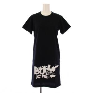 AD2011 ワンピース ひざ丈 半袖 クルーネック ロゴ プリント ストレッチ 切替 M 黒 ブラック