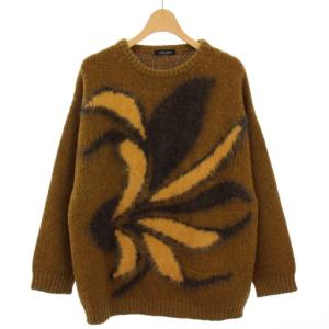 ニット セーター 長袖 クルーネック アンゴラ混 総柄 茶 ブラウン /TK
