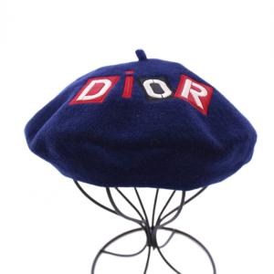 Christian Dior ベレー帽 帽子 ロゴ 刺繍 ウール 紺 ネイビー /BB OH