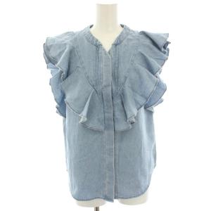 25AW タグ付き Leeコラボ Vネックフリルタックブラウス シャツ フレンチスリーブ F 水色 ライトブルー