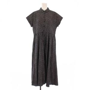 フレアワンピース ミモレ ロング 半袖 フレンチスリーブ レギュラーカラー 花柄 36 黒 ブラック /BB