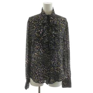 シャツ ブラウス 長袖 総柄 リボン 11 マルチカラー 黒 ブラック 紫 パープル 青 ブルー 10-11-01-027