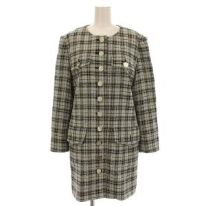 ツイード ノーカラー ジャケット コート チェック柄 38 白 黒 H2C16-521 /G