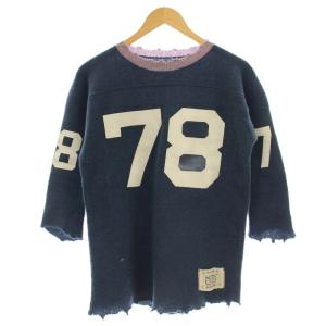 ダメージ加工 ニット ウール セーター 七分袖 M 青 ブルー /G