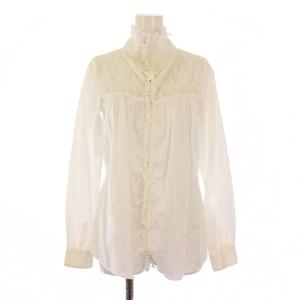 シャツ ブラウス 長袖 スタンドカラー レース 刺繍 切替 編み込み XS 白 ホワイト /BB