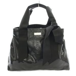 ハンドバッグ リボン リザード型押し 黒 ブラック /G