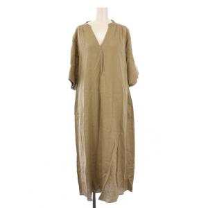 フレンチリネンシャツワンピース ミモレ ロング 半袖 スキッパー 無地 F ベージュ タグ付き 3626-146-3334