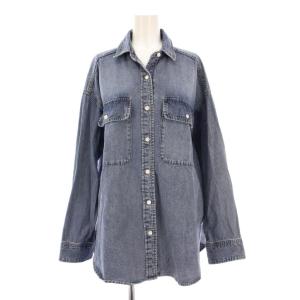 デニムシャツ ブラウス 長袖 レギュラーカラー 無地 F 青 ブルー /BB