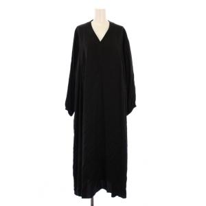 Vネックツイルマキシワンピース フレア 長袖 無地 ワンカラー F 黒 ブラック 1626-199-4119