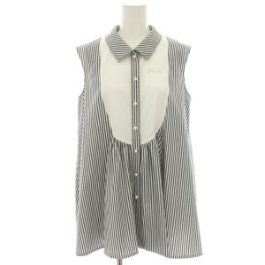 シャツ ブラウス チュニック ストライプ パールボタン ノースリーブ 切替 34 グレー 白 ホワイト