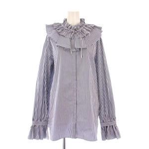 25SS デタッチャブルラッフルブラウス シャツ 長袖 フリル 襟付き ストライプ柄 0 青 ブルー 09WFB251188