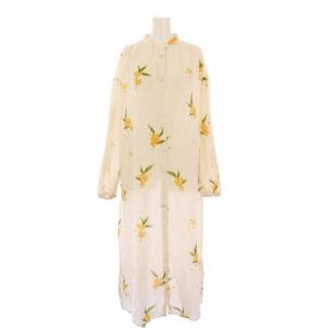 キンモクセイ柄ドレス ルームウェア ワンピース マキシ ロング 長袖 バンドカラー 花柄 F ライトベージュ