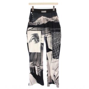 フォトコラージュパンツ フレア スラックス イージー ウエストゴム ストレッチ プリント 36 黒 ブラック