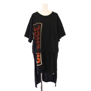 Tシャツ チュニック丈 オーバーサイズ 半袖 クルーネック ストレッチ ロゴ プリント チュール 切替