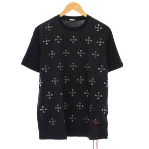 Tシャツ 半袖 クルーネック 切替 ハトメデザイン XS 黒 ブラック /BB