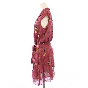 HYSTERIC GLAMOUR フレアワンピース ミニ丈 半袖 オープンカラー ストレッチ 総柄 ベルト シルク F ピンク /BB
