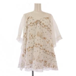 シャツ ブラウス プルオーバー 七分袖 クルーネック 刺繍 麻 リネン F 白 ホワイト 茶 ブラウン