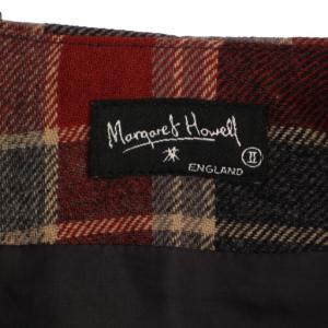 MARGARET HOWELL フレアスカート ロング チェック柄 ウール 2 赤 グレー /BM