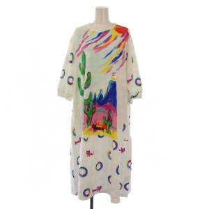 SLEEP ナイトウェア ワンピース ミモレ ロング 七分袖 クルーネック ストレッチ 総柄 L 白 ホワイト