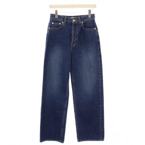 デニムワイドストレートパンツ ジーンズ ジップフライ ロゴパッチ レザーパッチ 羊革 36 紺 ネイビー