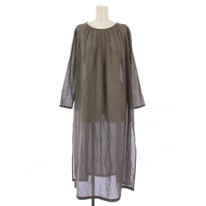 タックロングワンピース ミモレ ロング 長袖 クルーネック シアー シースルー 無地 F グレー E191T080