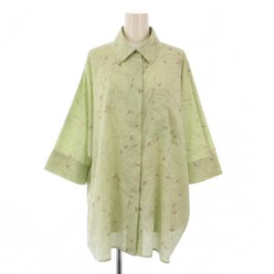 25SS ラインフラワーオーバーシャツ ブラウス 五分袖 レギュラーカラー 花柄 F 黄緑 ライトグリーン