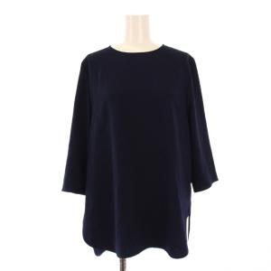 25SS バックサテンブラウス シャツ プルオーバー 七分袖 クルーネック ストレッチ 無地 F 紺 ネイビー