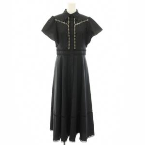 レーストリムシャツワンピース ロング 半袖 フリル レース ハトメ 2 黒 ブラック 21231014290