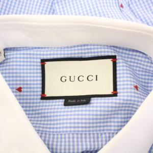 GUCCI カジュアルシャツ チェック柄 ハート柄 刺繍 43 ブルー