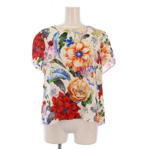 シャツ ブラウス プルオーバー 半袖 クルーネック 花柄 総柄 38 白 ホワイト マルチカラー タグ付き