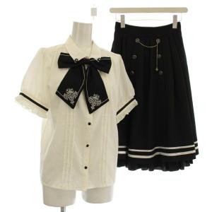 セットアップ シャツ 半袖 フレアスカート フリル リボン M 白 黒 CI81X41 /G
