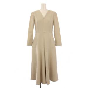フロントファスナーワンピース フレア ミモレ ロング 長袖 Vネック ストレッチ ワンカラー 36 ベージュ