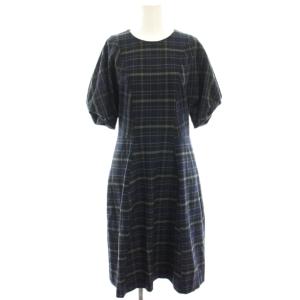 Checked Wool Dress ワンピース ひざ丈 チェック 半袖 ウール 36 紺 ネイビー 0938341