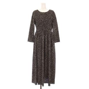 フレアワンピース ミモレ ロング 長袖 クルーネック ドット柄 F 黒 ブラック /BB