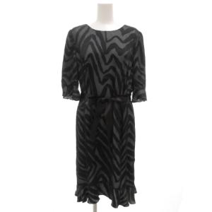 ワンピース ひざ丈 五分袖 シルク混 シアー切替 ゼブラ柄 リボンベルト 11 黒 ブラック ミントグリーン