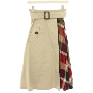 フレアスカート ミモレ ロング プリーツ切替 チェック ベルト 34 ベージュ 赤 レッド 55S21-108-40