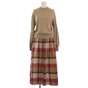ドッキング ワンピース ロング 長袖 ニット 切替 チェック柄 ウール 36 赤 ベージュ 55J77-629-14