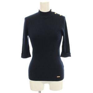 ハイネック リブニット 七分袖 シルク混 38 ネイビー 紺 55N45-633-29 /G