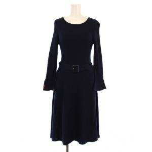 ニット ワンピース ミモレ丈 長袖 クルーネック チェック柄 ウール 38 紺 55J91-854-29