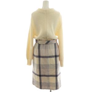 BLUE LABEL CRESTBRIDGE ワンピース ミモレ ロング 長袖 ニットドッキング チェック柄 切替 36 ピンク 白 ホワイト 紫 パープル