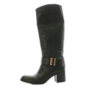 ロングブーツ アーモンドトゥ チャンキーヒール レザー 37 黒 ブラック /AN3