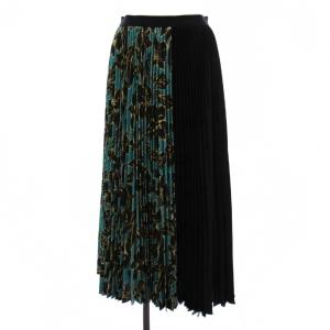 プリーツスカート ロング 花柄 切替 M 黒 水色 /BM