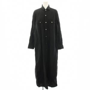 シャツワンピース マキシ ロング 麻 リネン混 長袖 F 黒 ブラック 0213407301 /HN