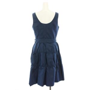 PRADA 2006年製 ワンピース ひざ丈 Uネック ノースリーブ ティアード ベルト 絹 シルク 40 紺 ネイビー