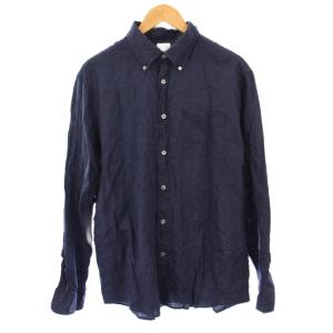アイリッシュリネンソリッドスポーツシャツ ボタンダウン カジュアル 長袖 レギュラーカラー 無地 L 紺