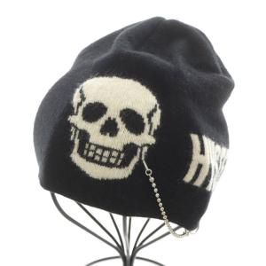 ニット帽 ニットキャップ ビーニー 帽子 スカル ロゴ チェーン アンゴラ混 カシミヤ混 M 黒 ブラック
