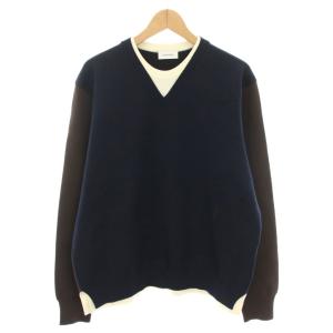 ニット プルオーバー Vネック レイヤード風 ロゴ刺繍 XL ネイビー ブラウン 122284