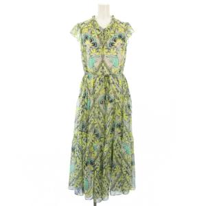 24SS シフォンプリントティアードワンピース フレンチスリーブ ロング 総柄 36 黄色 緑 0124131186